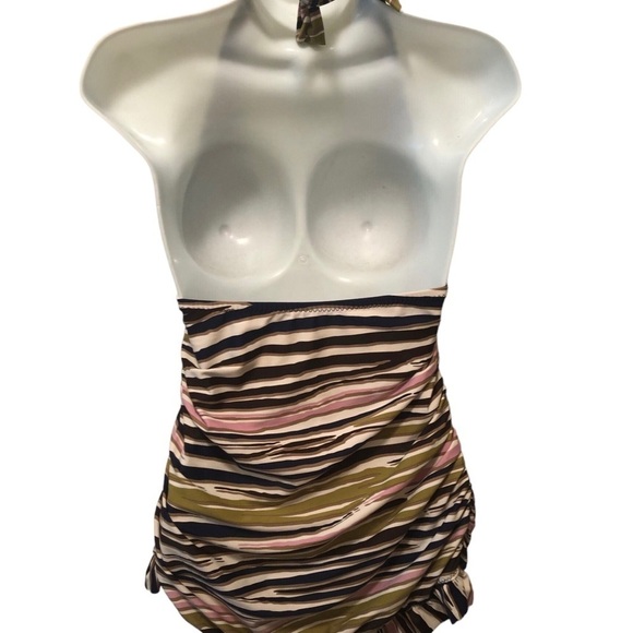 Becca By Rebecca Virtue Striped Halter Style Ruffle Skirt 1PC Swimsuit Sz. M - Picture 8 of 9